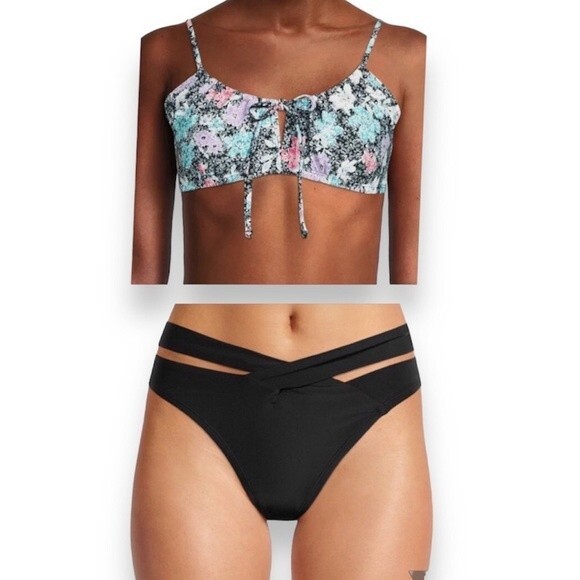 NWT Time and Tru Two Piece Bathing Suit Print Top Black Cutout Bottom Womens XL - Picture 2 of 16